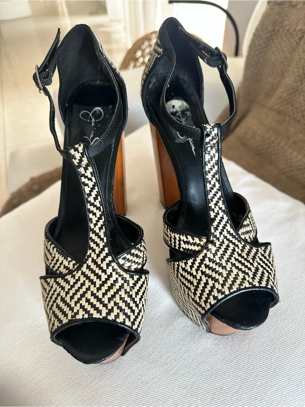 Jessica Simpson Dany Black and Cream Woven Platform Sandals with Wood Block Heel - Picture 2 of 11
